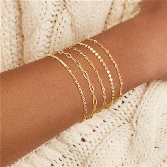 Gold Bracelets for Women, Trendy Adjustable 14K Gold Plated Stackable Link - Picture 3 of 7